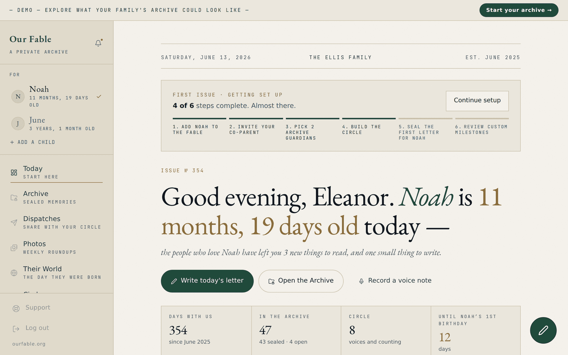 A sample Our Fable family archive: the daily greeting, sealed entries, the circle of contributors, and milestone countdowns.