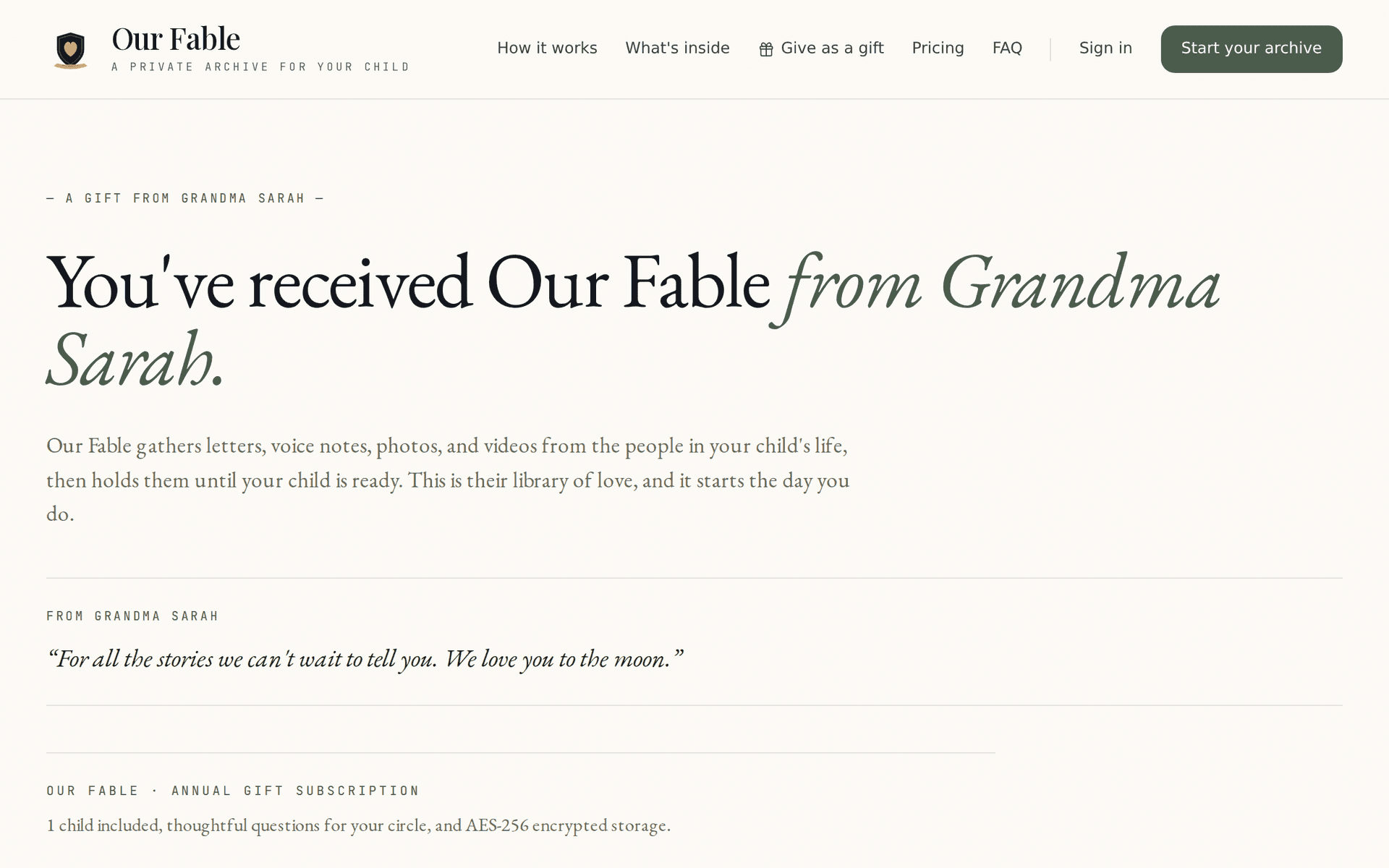 The Our Fable gift activation screen greeting a family with the giver's name and message before they create their account.
